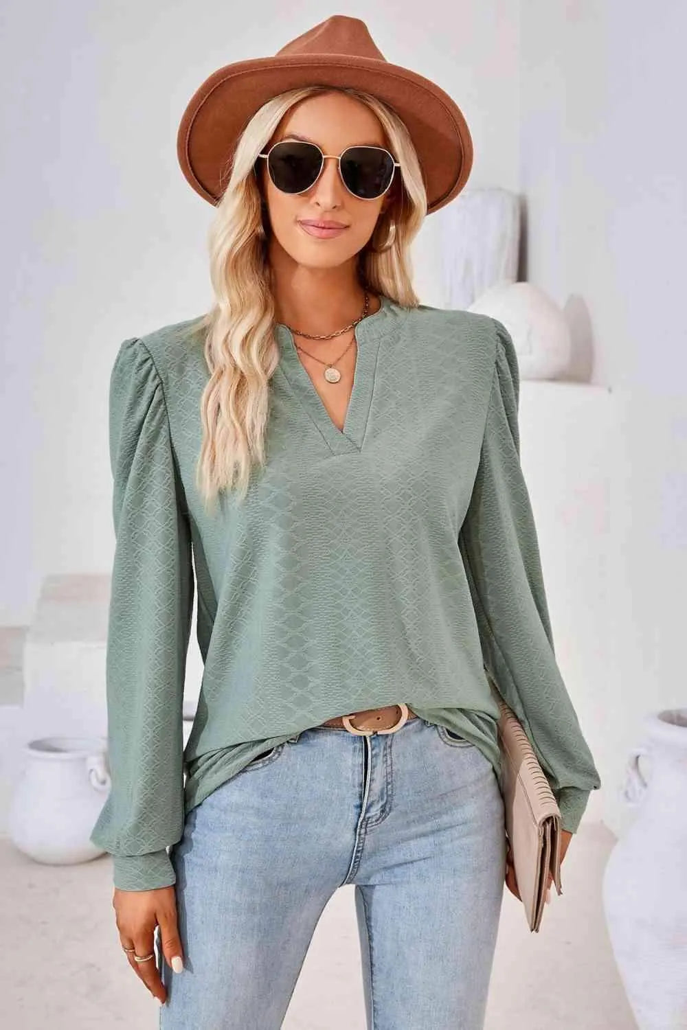 V-Neck Puff Sleeve Blouse Sage Blouses - Tophatter Daily Deals
