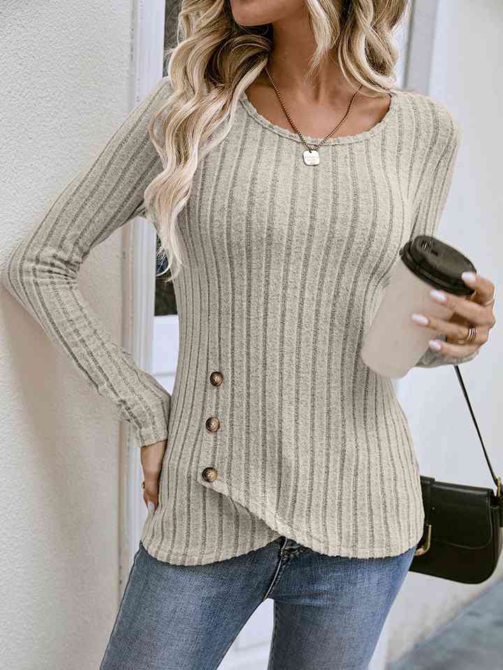 Buttoned Tulip Hem Long Sleeve T-Shirt Women's T-Shirts - Tophatter Daily Deals