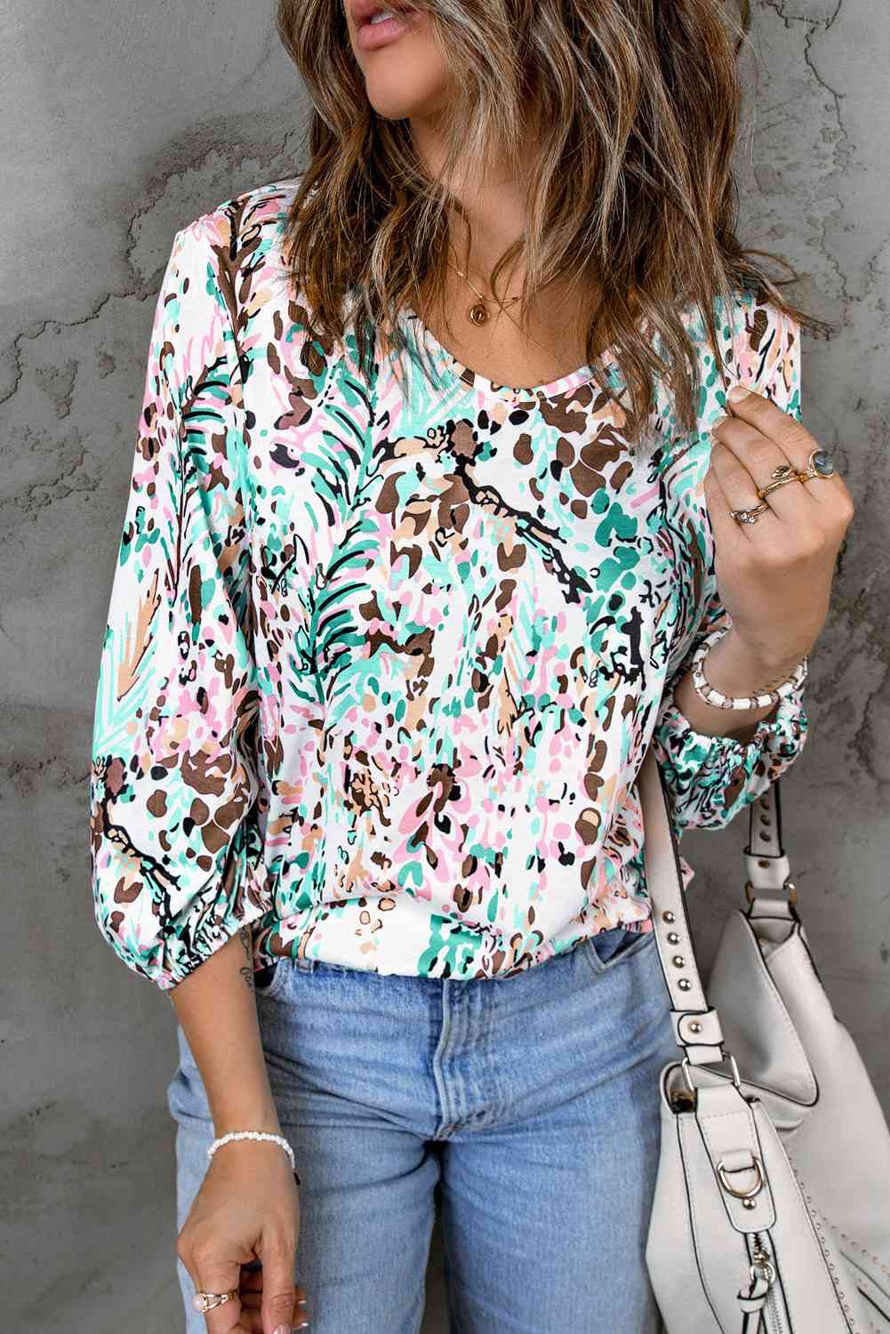 Printed Round Neck Balloon Sleeve Blouse - Tophatter Deals