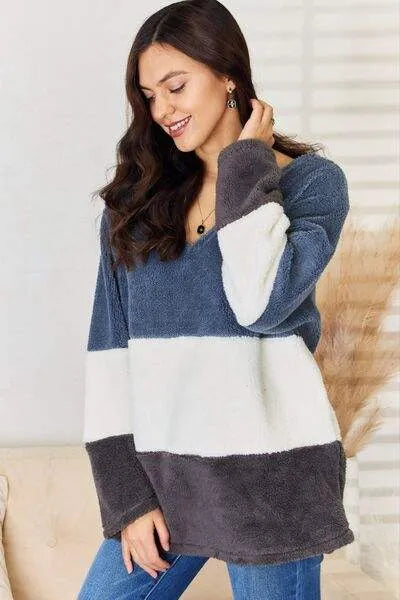 Culture Code Faux Fur Color Block V-Neck Sweater Blouses - Tophatter Daily Deals