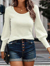 Ribbed Round Neck Lantern Sleeve Knit Top Blouses - Tophatter Daily Deals