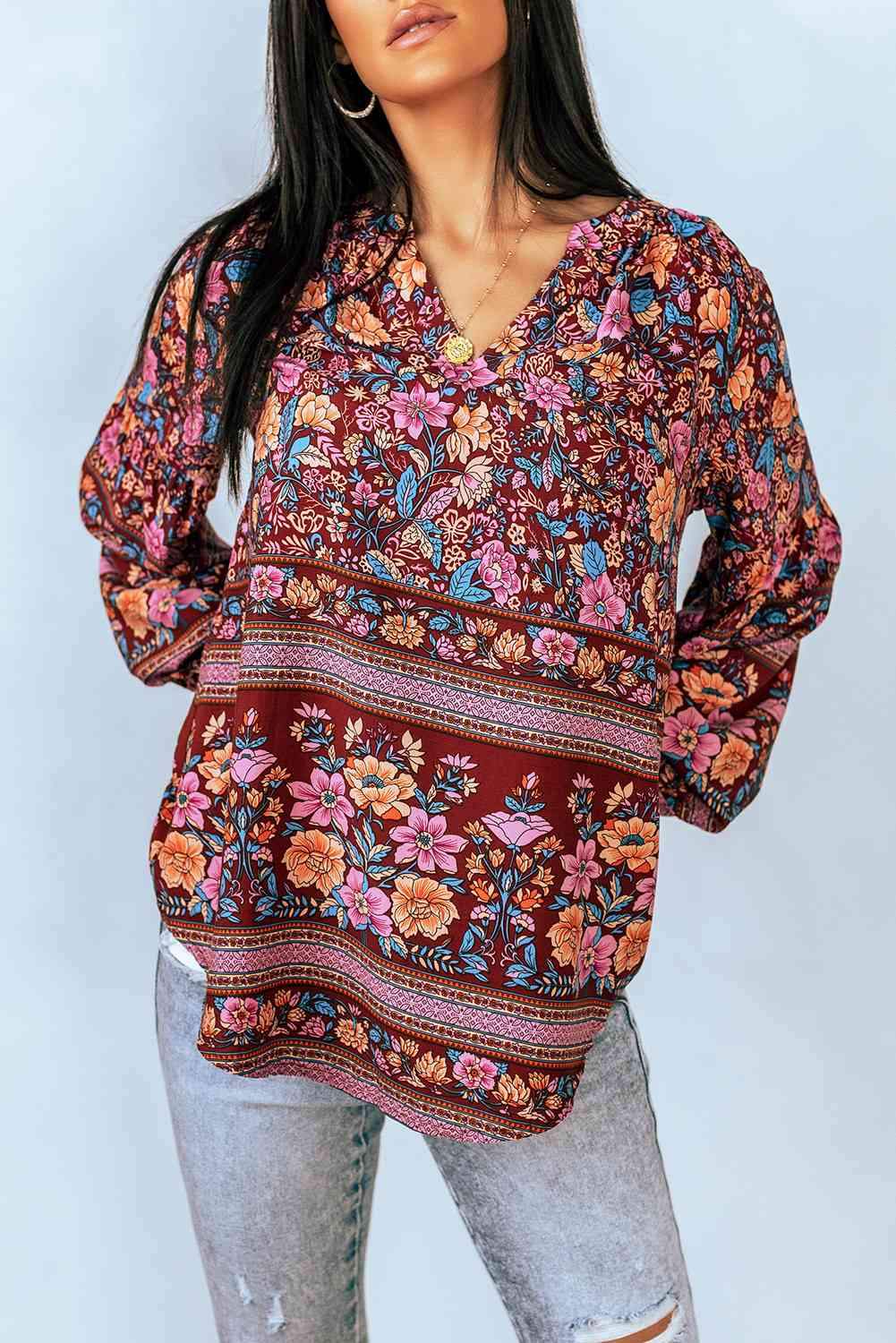 Bohemian Balloon Sleeve Notched Neck Blouse Floral Blouses - Tophatter Daily Deals