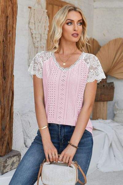 Eyelet V-Neck Lace Short Sleeve T-Shirt Women's T-Shirts - Tophatter Daily Deals