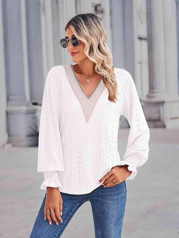 V-Neck Eyelet Flounce Sleeve Blouse Blouses - Tophatter Daily Deals