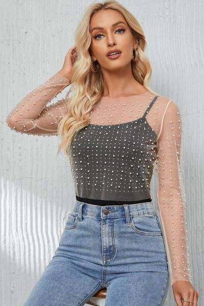 Pearl Long Sleeve Mesh Cropped Top White Blouses - Tophatter Daily Deals