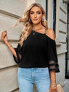 Asymmetrical Neck Sheer Striped Flare Sleeve Blouse Blouses - Tophatter Daily Deals