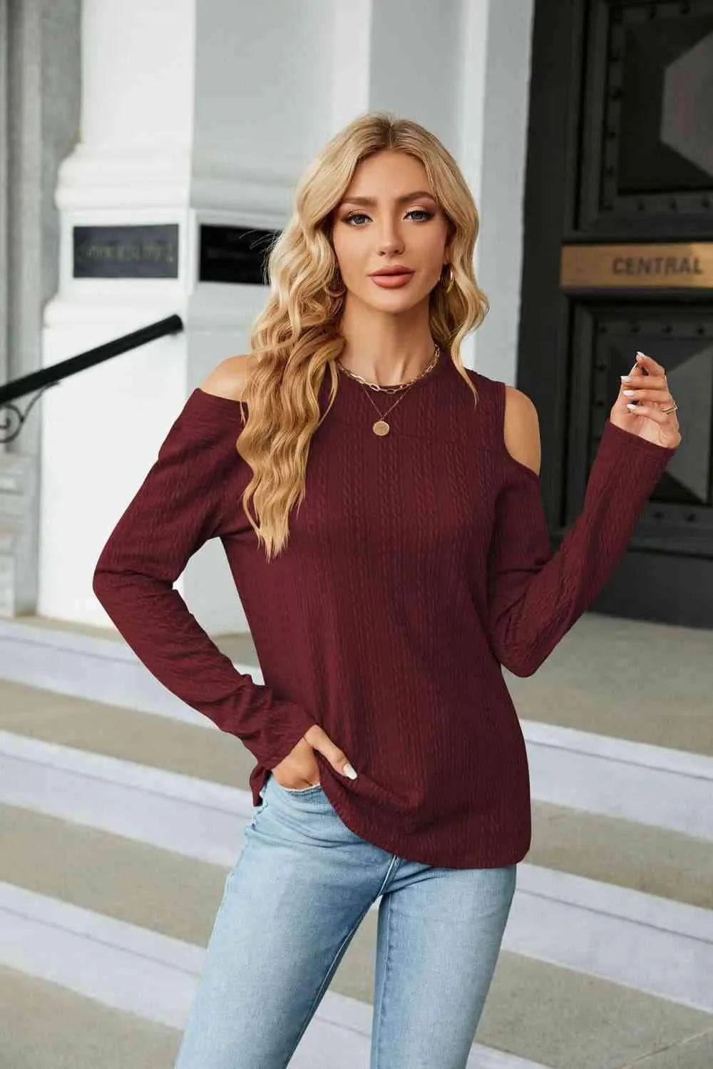 Dropped Shoulder Long Sleeve Blouse Wine Blouses - Tophatter Daily Deals