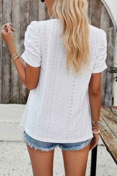 Eyelet Square Neck Puff Sleeve T-Shirt Women's T-Shirts - Tophatter Daily Deals