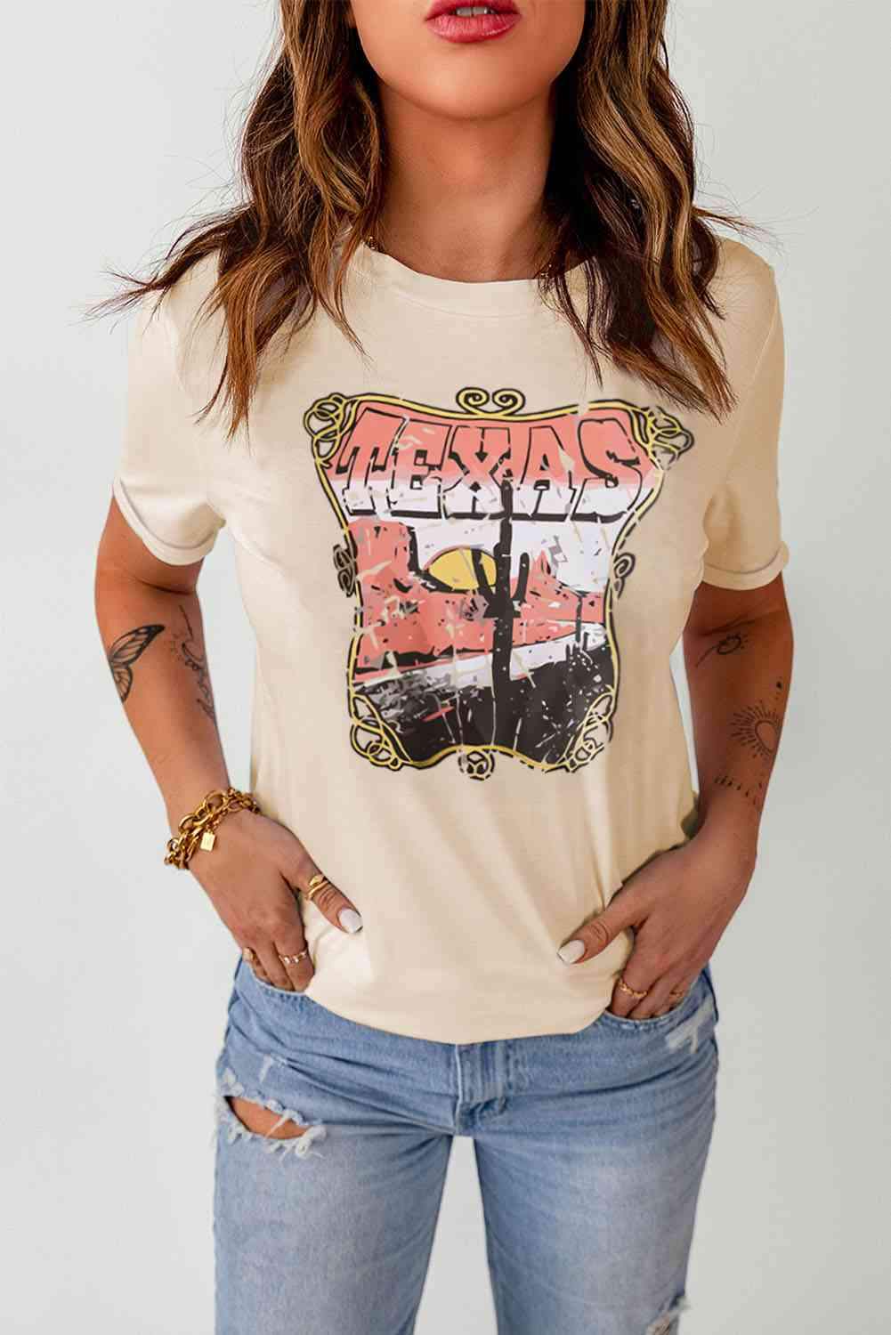 TEXAS Graphic Cuffed Tee Shirt Khaki Women's T-Shirts - Tophatter Daily Deals