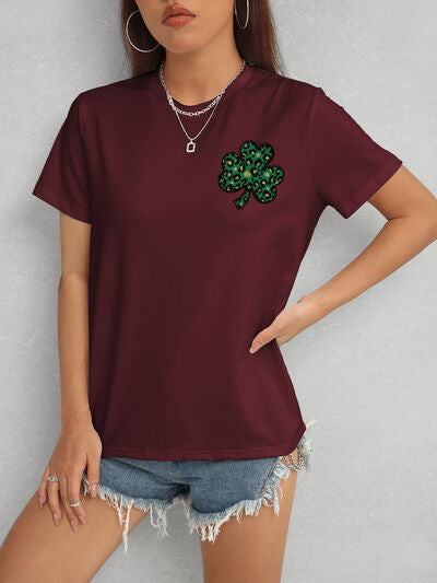 Lucky Clover Round Neck Short Sleeve T-Shirt Wine Women's T-Shirts - Tophatter Daily Deals