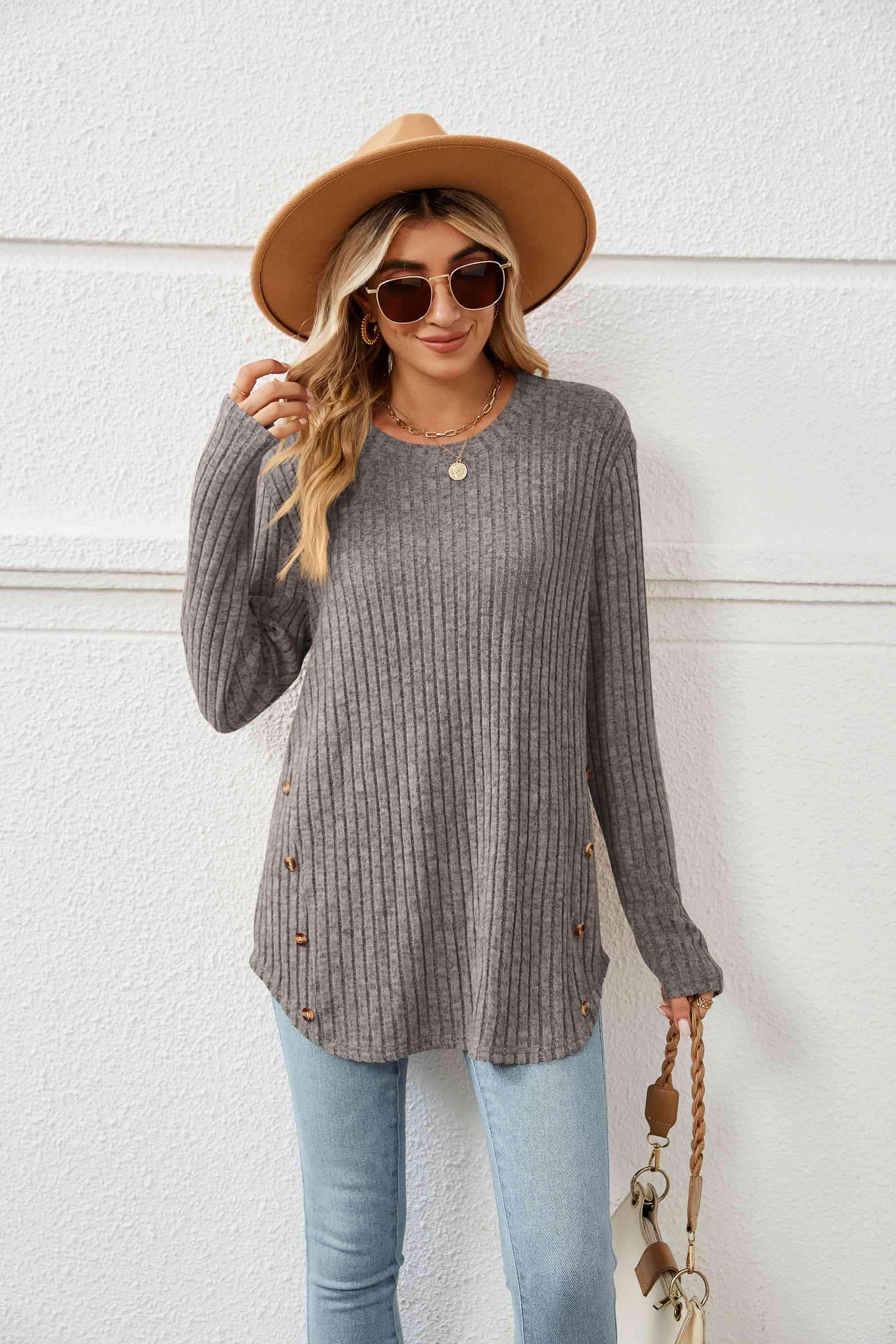 Round Neck Ribbed Long Sleeve T-Shirt Women's T-Shirts - Tophatter Daily Deals