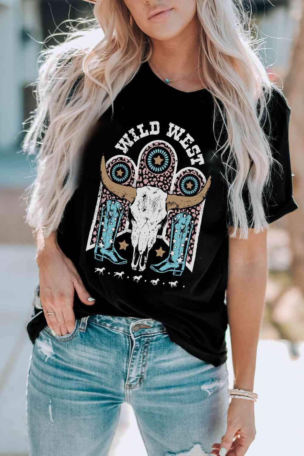 WILD WEST Graphic Short Sleeve Tee Shirt - Tophatter Daily Deals