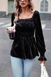 Smocked Square Neck Long Sleeve Blouse Black Blouses - Tophatter Daily Deals