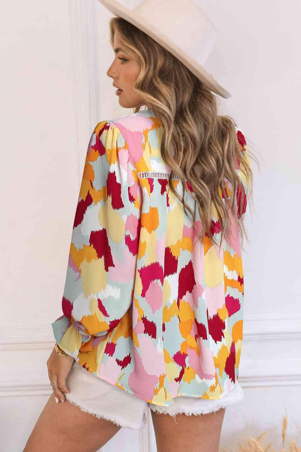 Printed Flounce Sleeve Buttoned Blouse Blouses - Tophatter Daily Deals