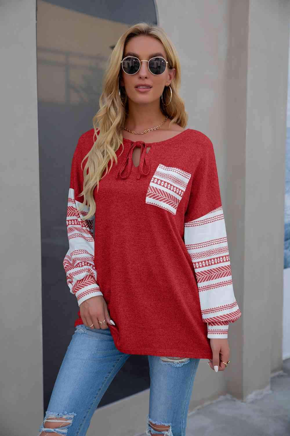 Tie Neck Lantern Sleeve Top Blouses - Tophatter Daily Deals