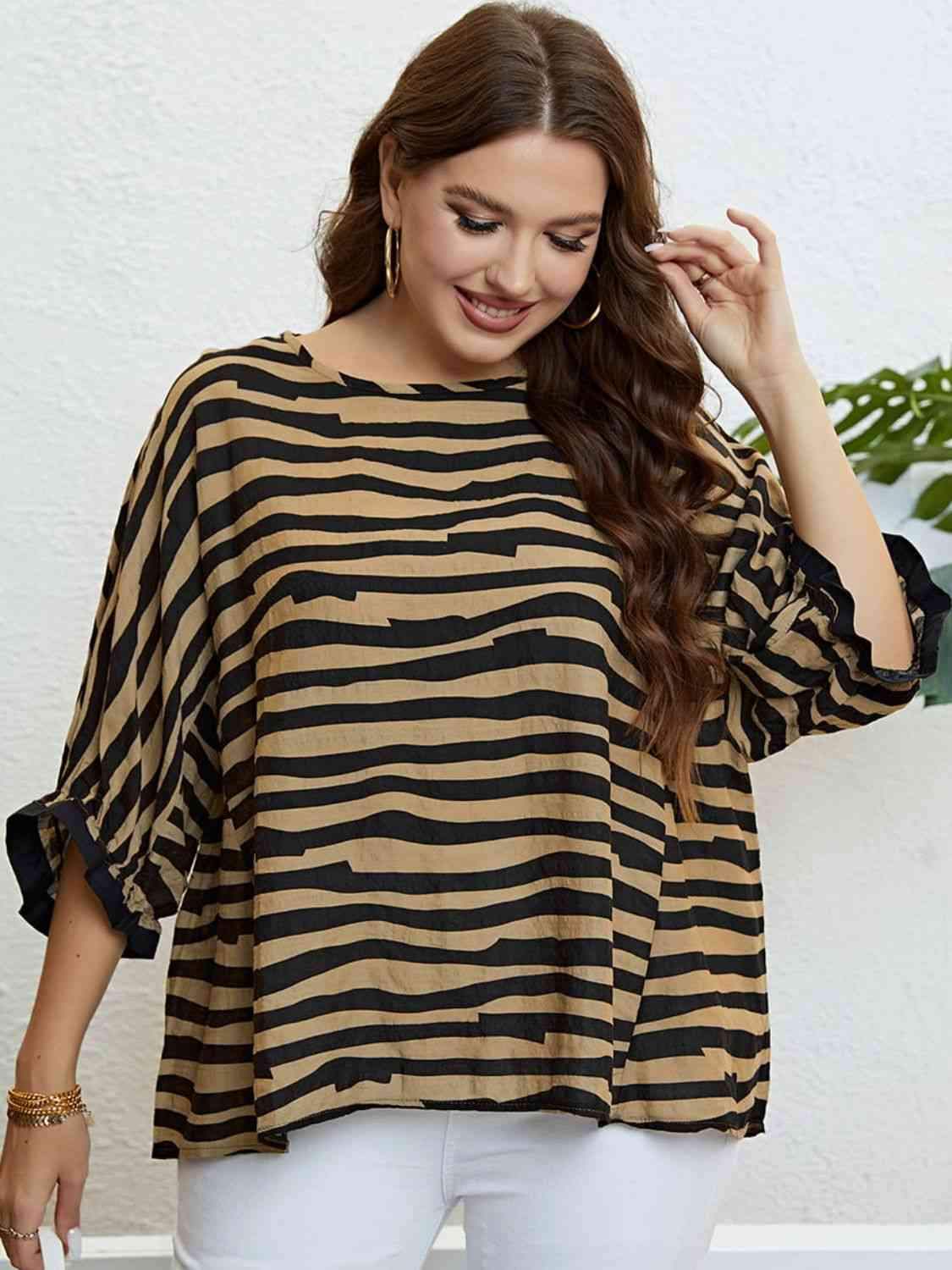 Plus Size Striped Three-Quarter Sleeve Boat Neck Top Blouses - Tophatter Daily Deals