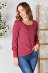 Double Take Ribbed Round Neck Lantern Sleeve Blouse Blouses - Tophatter Daily Deals