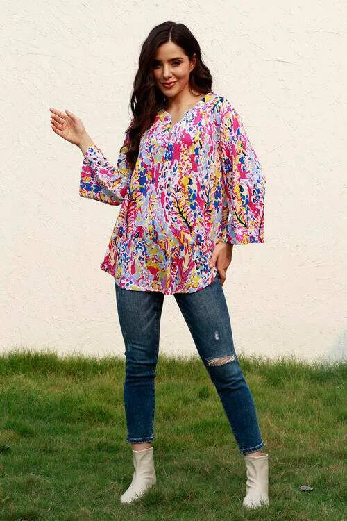 Plus Size Printed Notched Long Sleeve Blouse Blouses - Tophatter Daily Deals