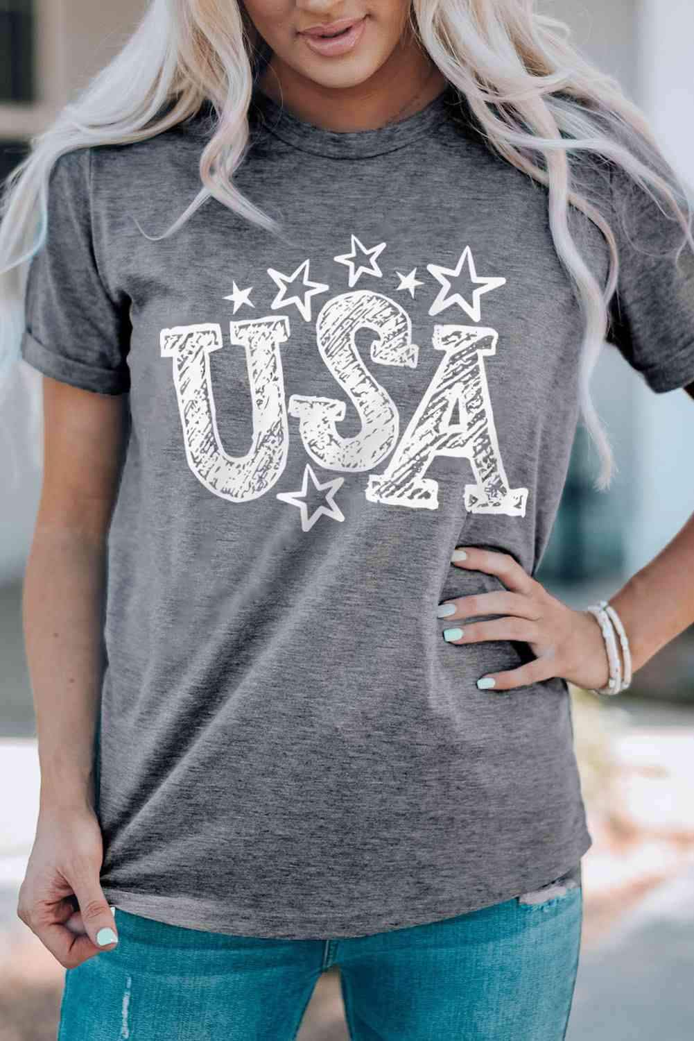 USA Star Graphic Round Neck Tee Women's T-Shirts - Tophatter Daily Deals