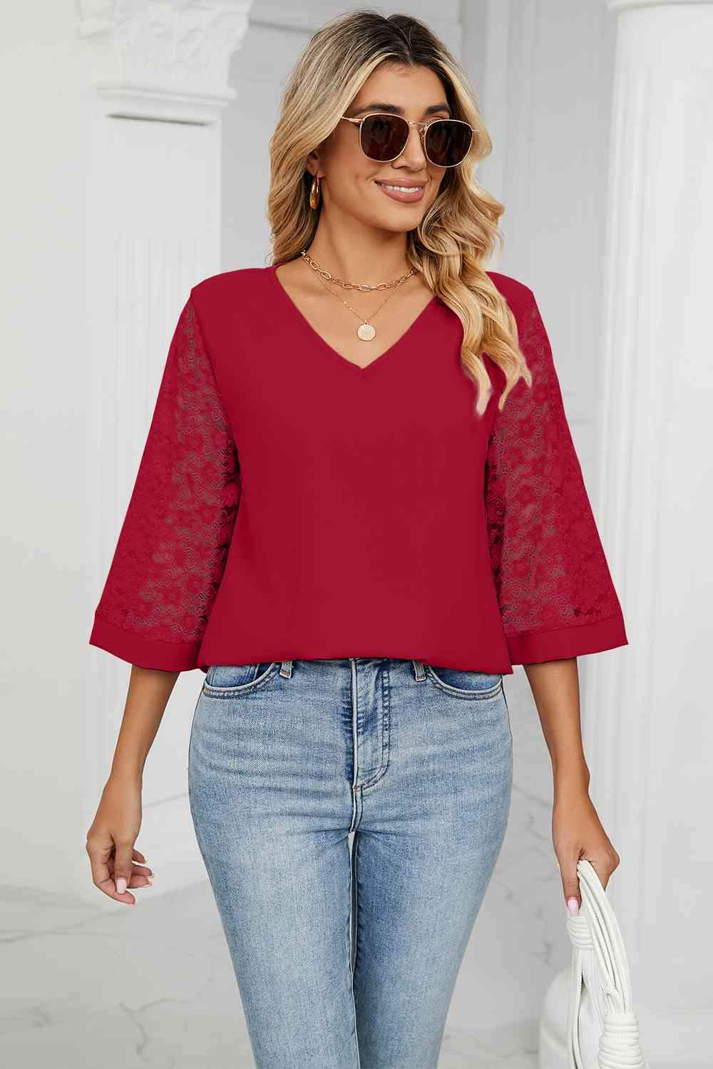 V-Neck Three-Quarter Sleeve Top Women's T-Shirts - Tophatter Daily Deals