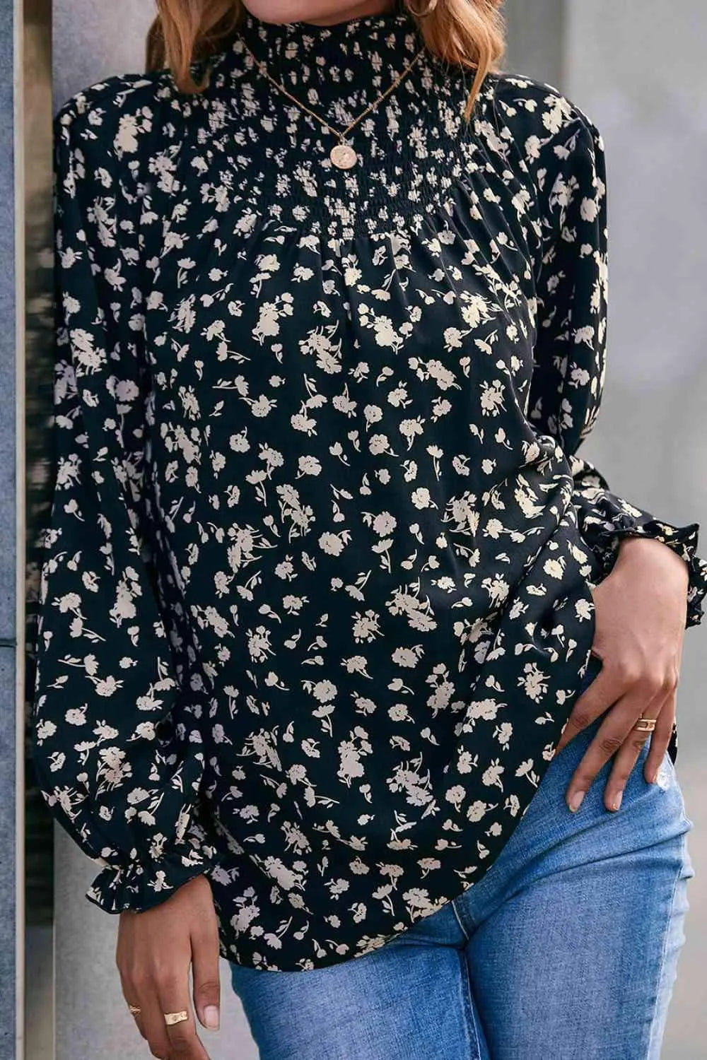 Floral Mock Neck Blouse Blouses - Tophatter Daily Deals