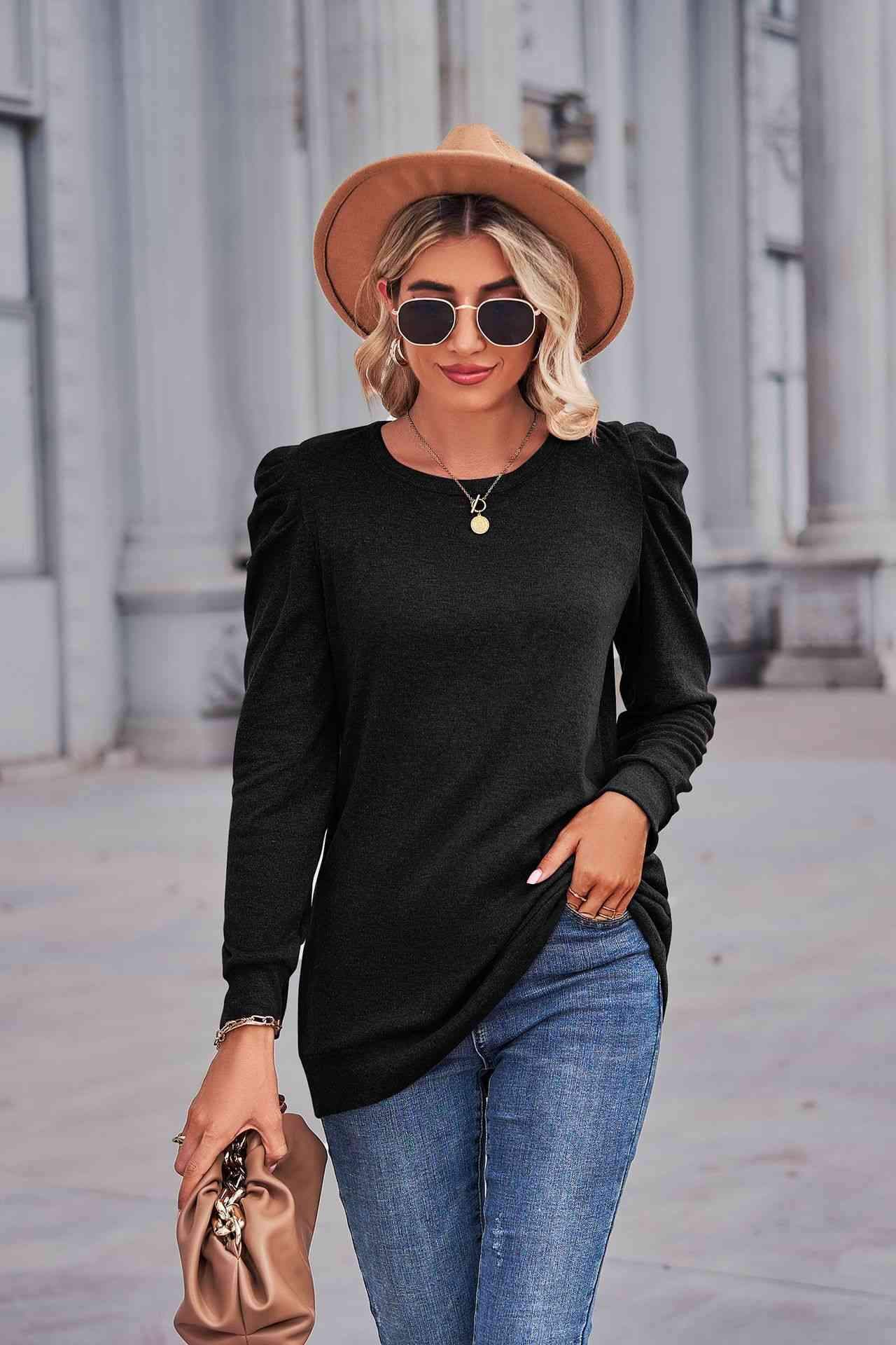 Heathered Puff Sleeve Round Neck Tunic Top Women's T-Shirts - Tophatter Daily Deals