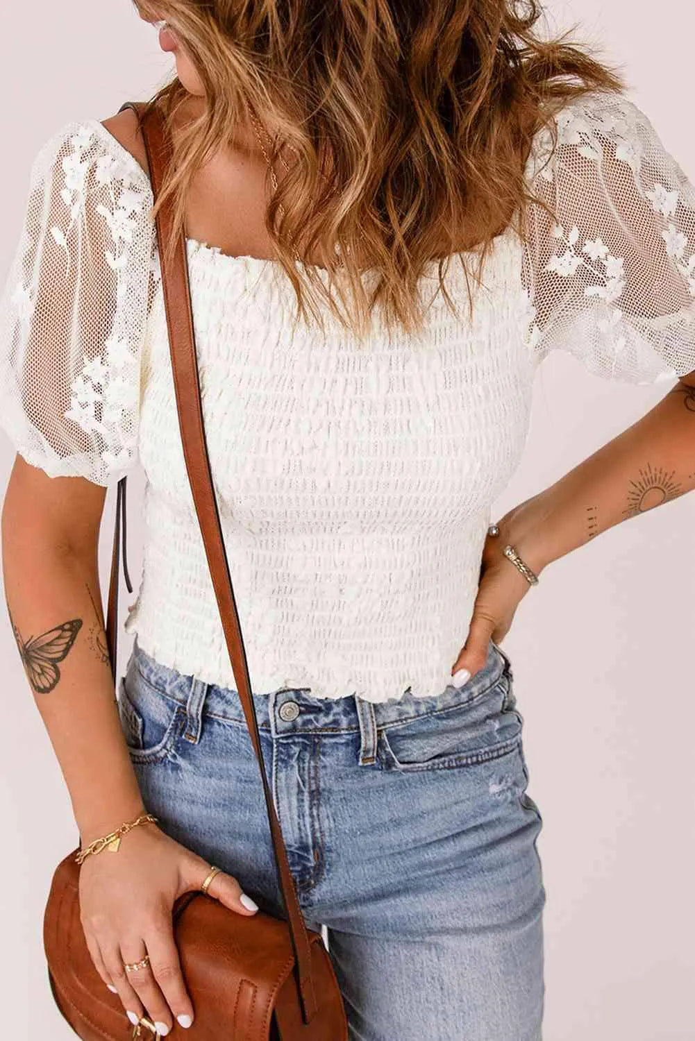 Smocked Spliced Lace Frill Trim Top Blouses - Tophatter Daily Deals