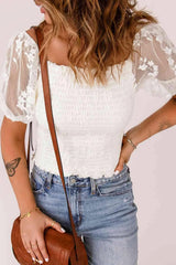 Smocked Spliced Lace Frill Trim Top Blouses - Tophatter Daily Deals