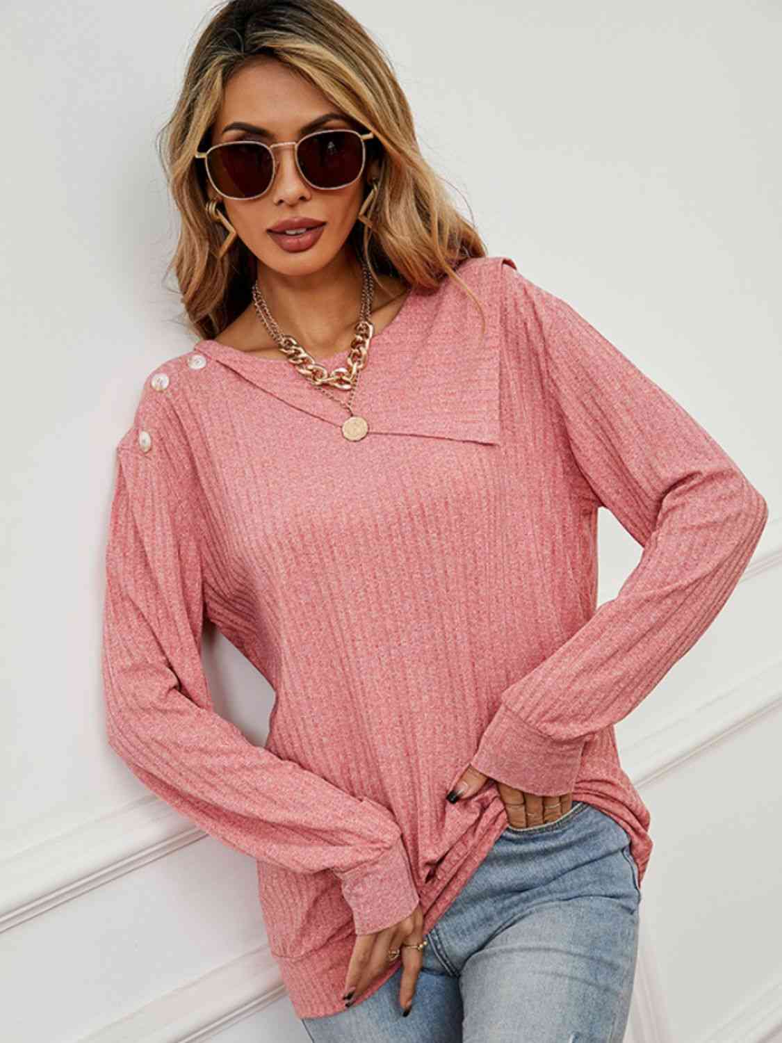 Asymmetrical Round Neck Buttoned Dropped Shoulder Tee Women's T-Shirts - Tophatter Daily Deals