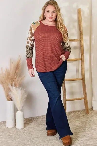 Hailey & Co Full Size Leopard Waffle-Knit Blouse Blouses - Tophatter Daily Deals
