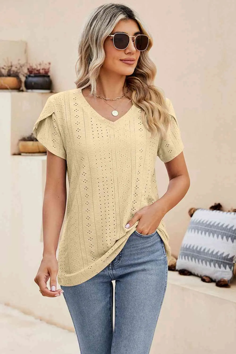 Eyelet Petal Sleeve V-Neck Knit Top Blouses - Tophatter Daily Deals