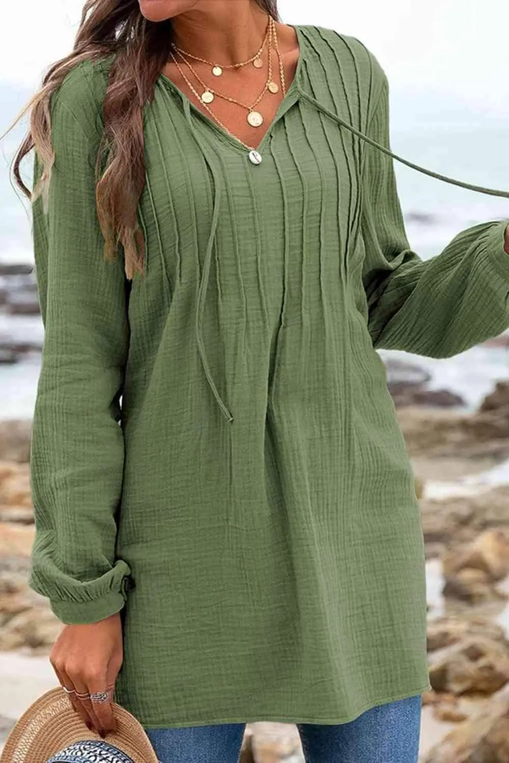 Ruched Long Sleeve Tie Neck T-Shirt Women's T-Shirts - Tophatter Daily Deals