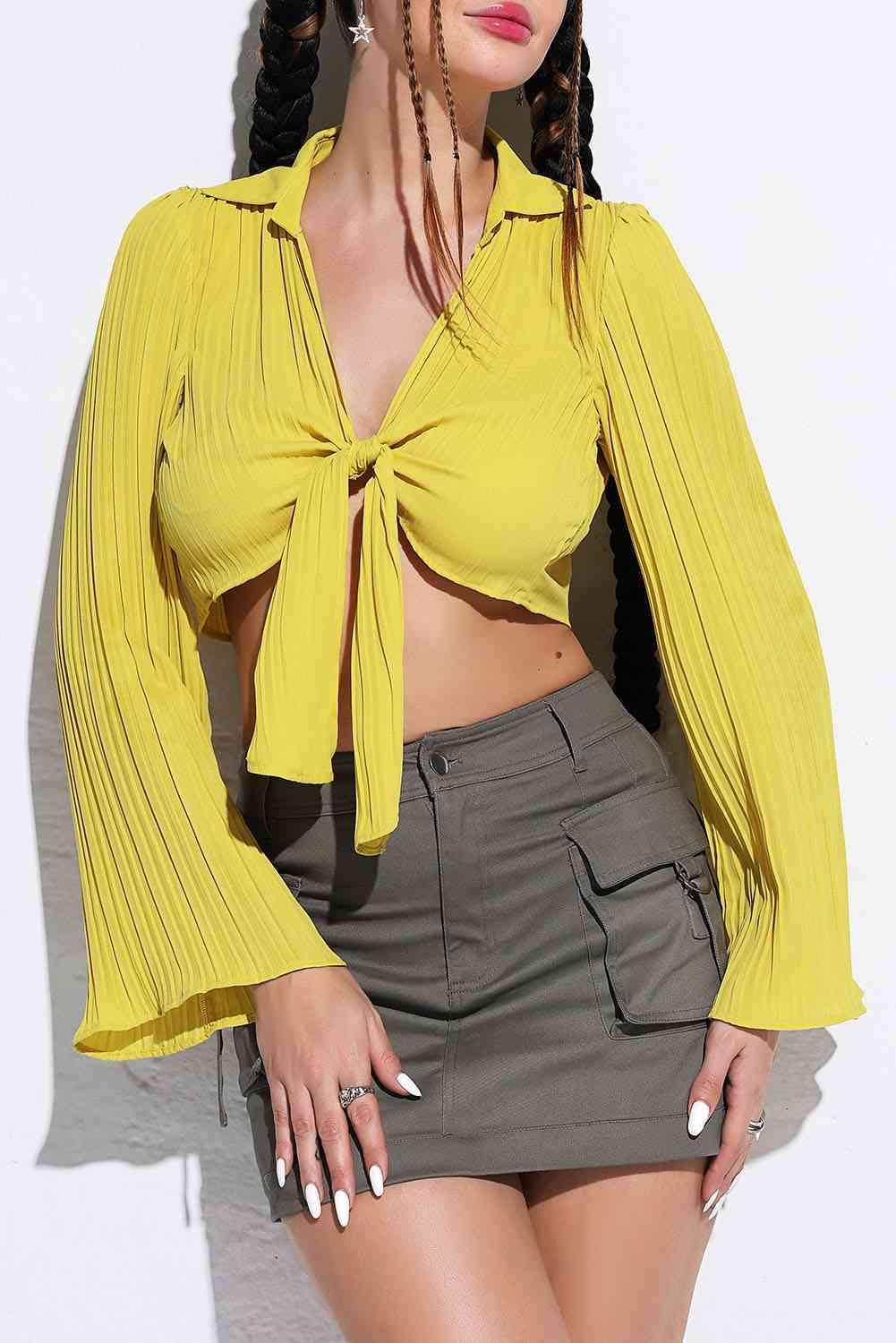 Tie Front Johnny Collar Flare Sleeve Cropped Top Blouses - Tophatter Daily Deals