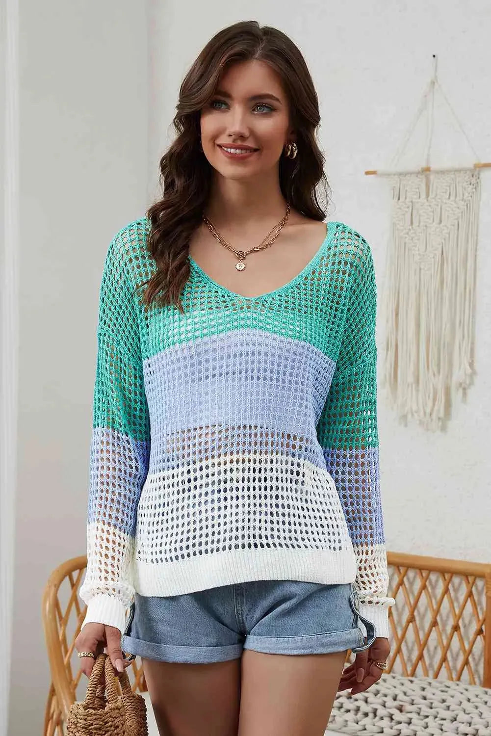 Openwork V-Neck Dropped Shoulder Blouse Blouses - Tophatter Daily Deals