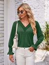 V-Neck Smocked Ruffled Long Sleeve Top Green Women's T-Shirts - Tophatter Daily Deals