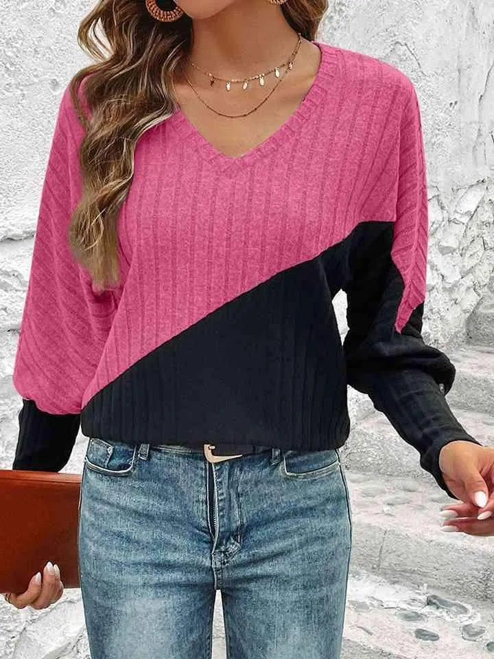 Contrast Buttoned V-Neck Blouse Blouses - Tophatter Daily Deals