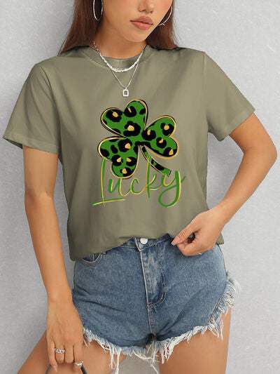 Lucky Clover Round Neck Short Sleeve T-Shirt Women's T-Shirts - Tophatter Daily Deals