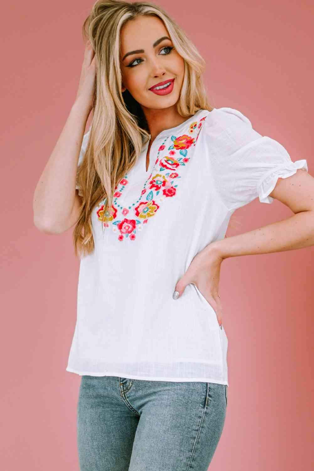 Embroidered Notched Neck Flounce Sleeve Top Blouses - Tophatter Daily Deals