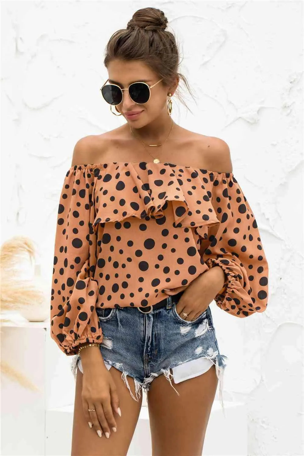Polka Dot Off-Shoulder Layered Blouse Blouses - Tophatter Daily Deals
