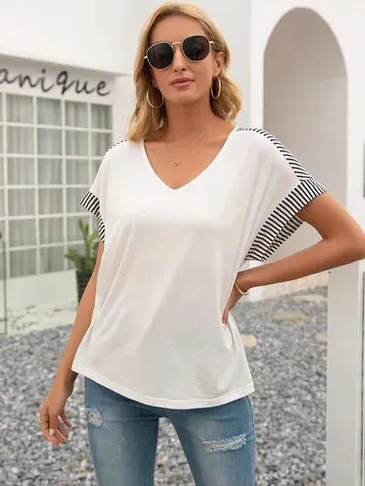 Striped V-Neck Short Sleeve T-Shirt White Women's T-Shirts - Tophatter Daily Deals