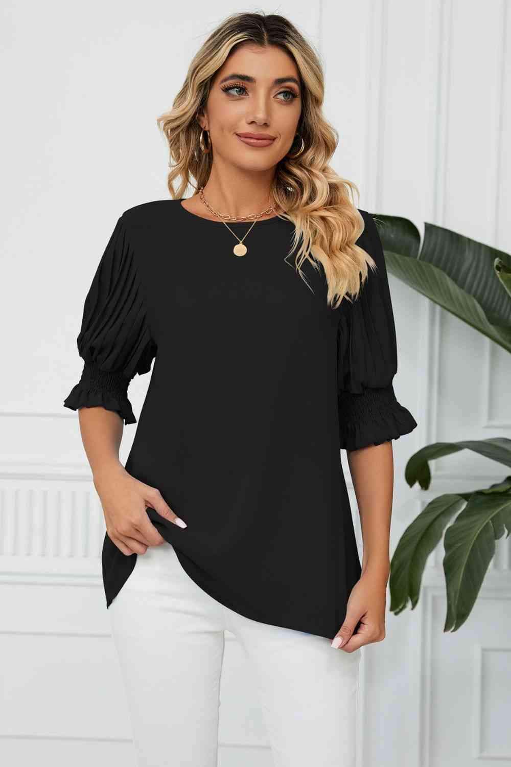 Pleated Flounce Sleeve Keyhole Blouse Black Blouses - Tophatter Daily Deals