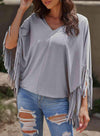 Fringe Trim Center Seam Dolman Sleeve Top Gray Blouses - Tophatter Daily Deals