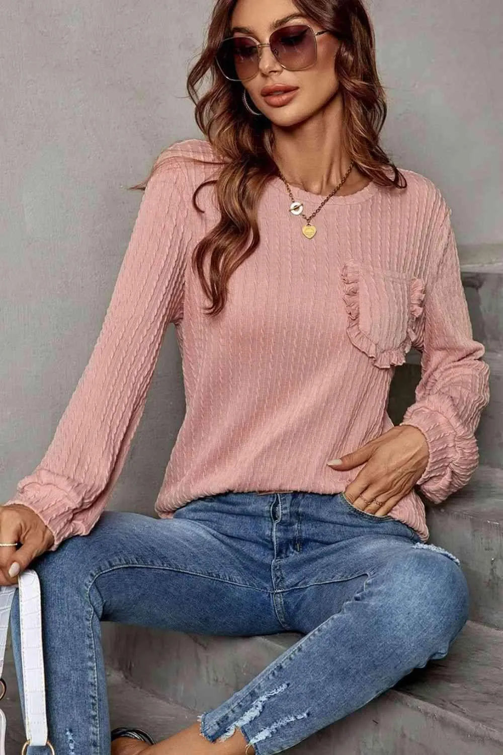Frill Trim Long Sleeve Blouse Dusty Pink Blouses - Tophatter Daily Deals