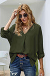 V-Neck Roll-Tab Sleeve Blouse Army Green Blouses - Tophatter Daily Deals