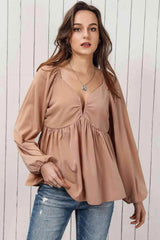 Double Take Tie Back Smocked Long Sleeve Babydoll Blouse Tan Blouses - Tophatter Daily Deals