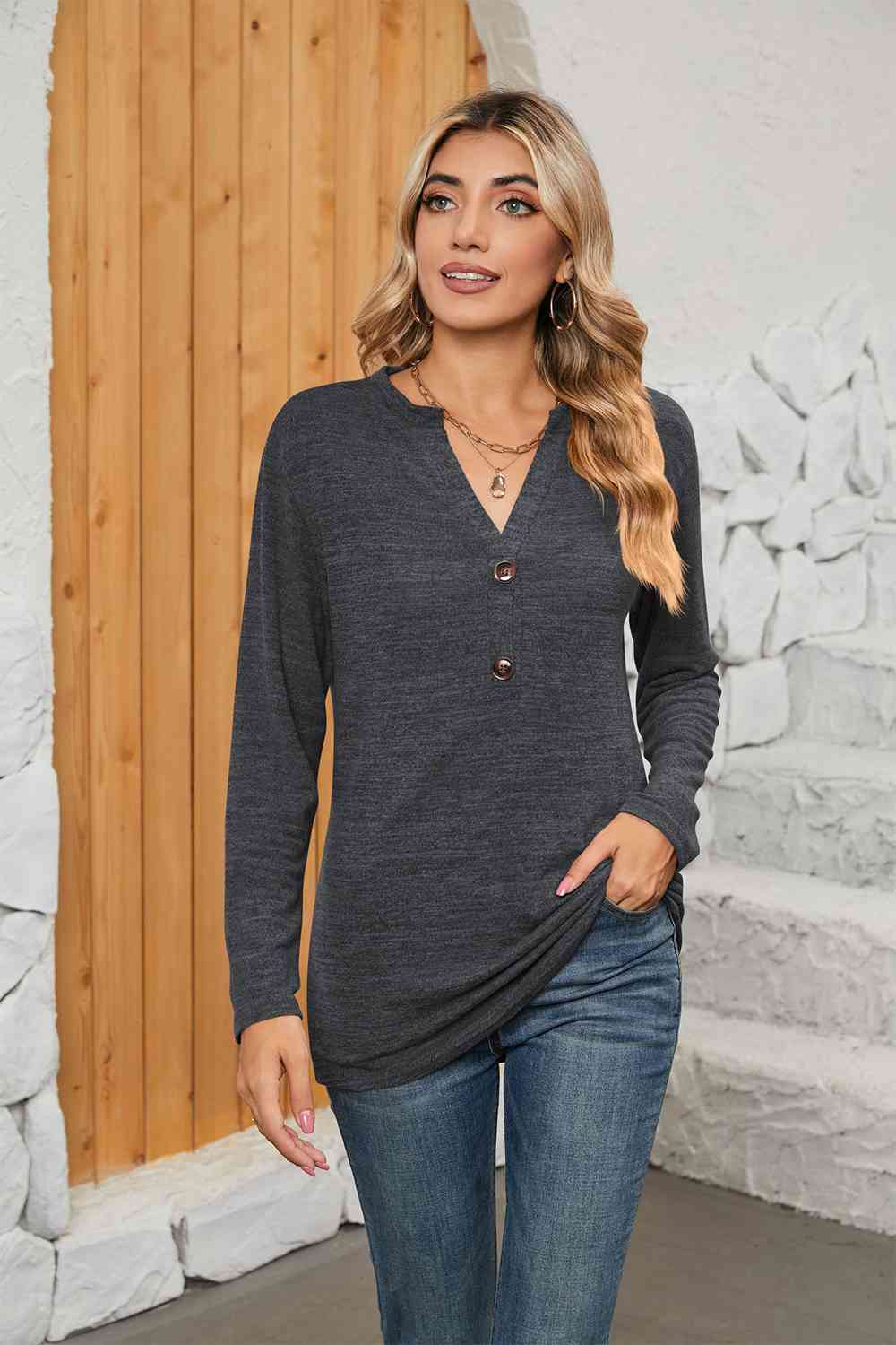 Notched Neck Long Sleeve T-Shirt Women's T-Shirts - Tophatter Daily Deals