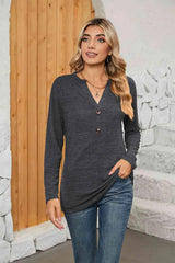 Notched Neck Long Sleeve T-Shirt Women's T-Shirts - Tophatter Daily Deals