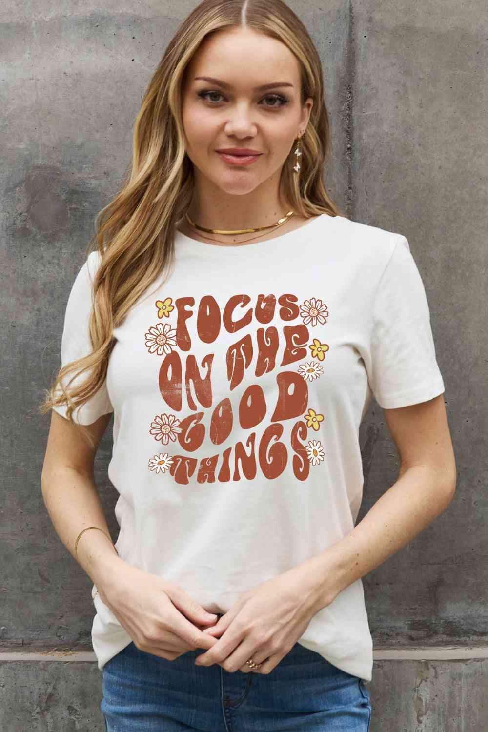 Simply Love Full Size FOCUS ON THE GOOD THINGS Graphic Cotton Tee Women's T-Shirts - Tophatter Daily Deals