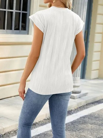 Textured Round Neck Cap Sleeve T-Shirt Women's T-Shirts - Tophatter Daily Deals