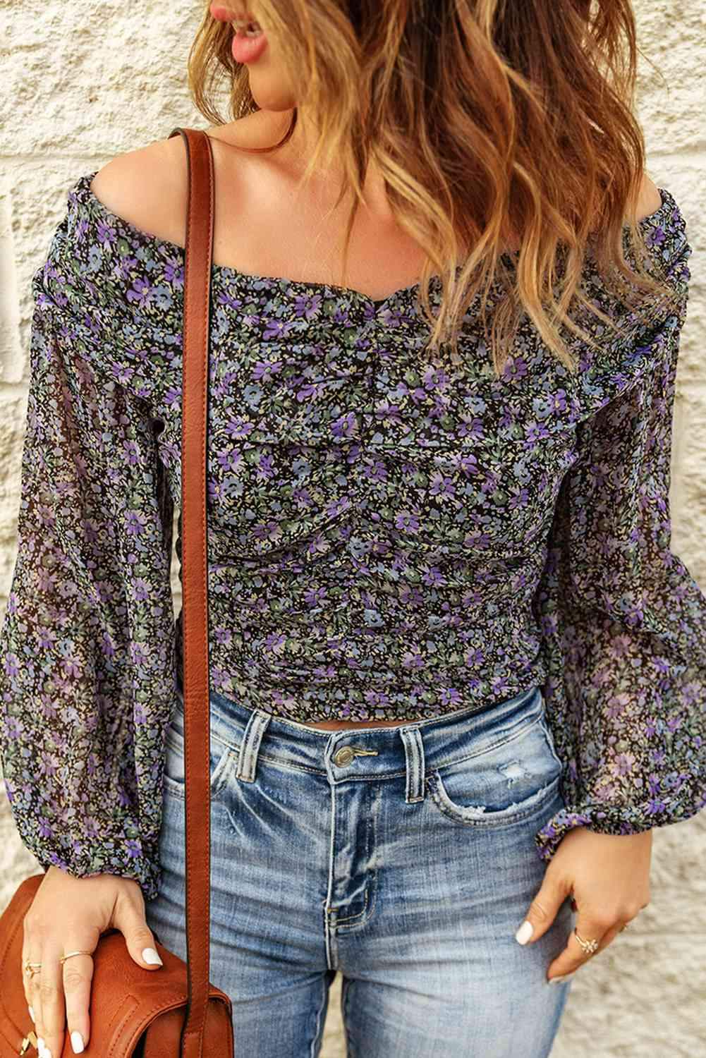 Floral Off-Shoulder Ruched Top Blouses - Tophatter Daily Deals